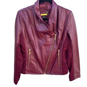 Iman Burgundy Lambskin Leather Biker Bomber Jacket Womens S Zip Roll Collar Moto